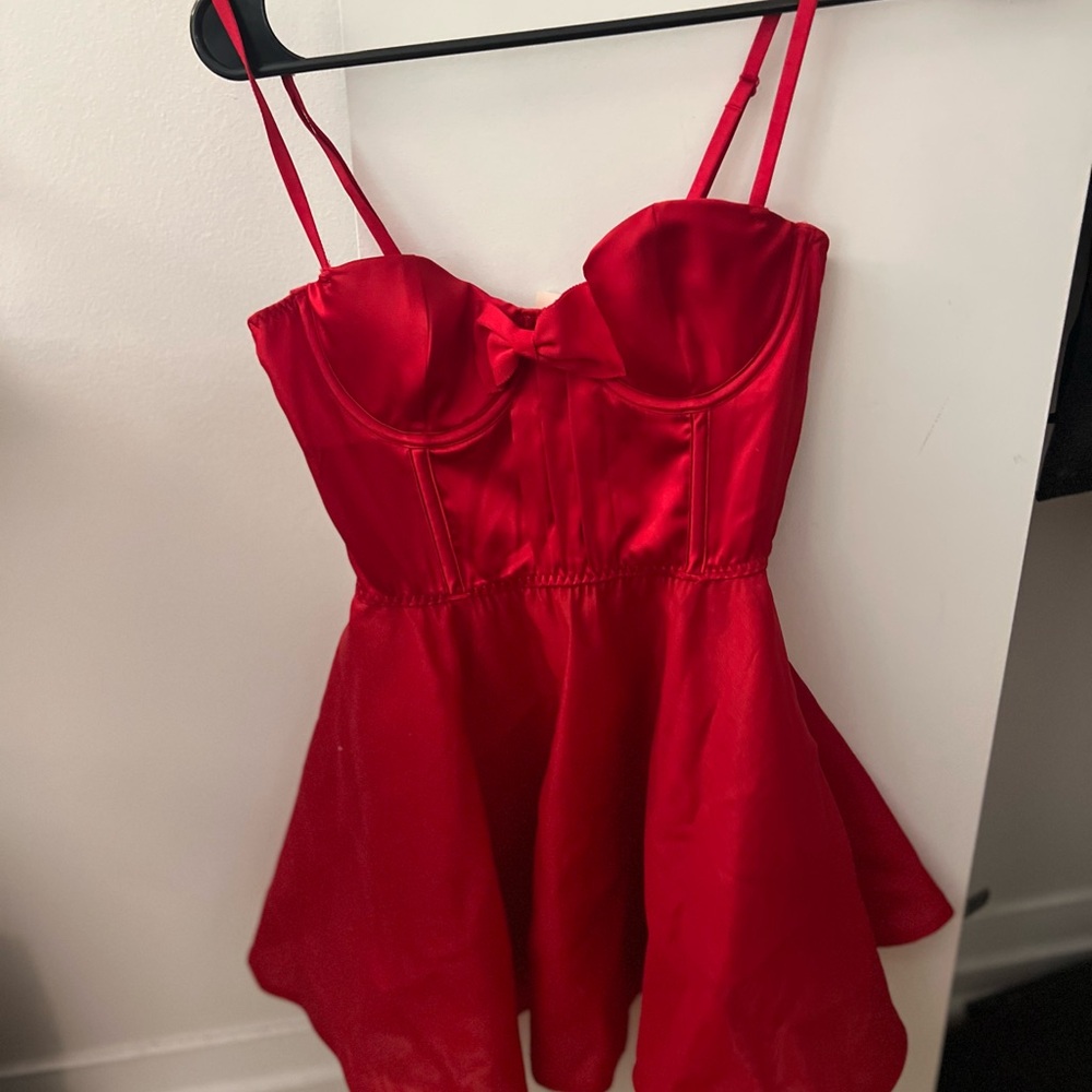 Red Satin Dress with Bow Detail